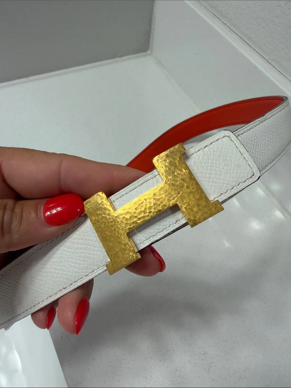 Hermes White and orange Leather Belt with Gold H Buckle SIZE 80